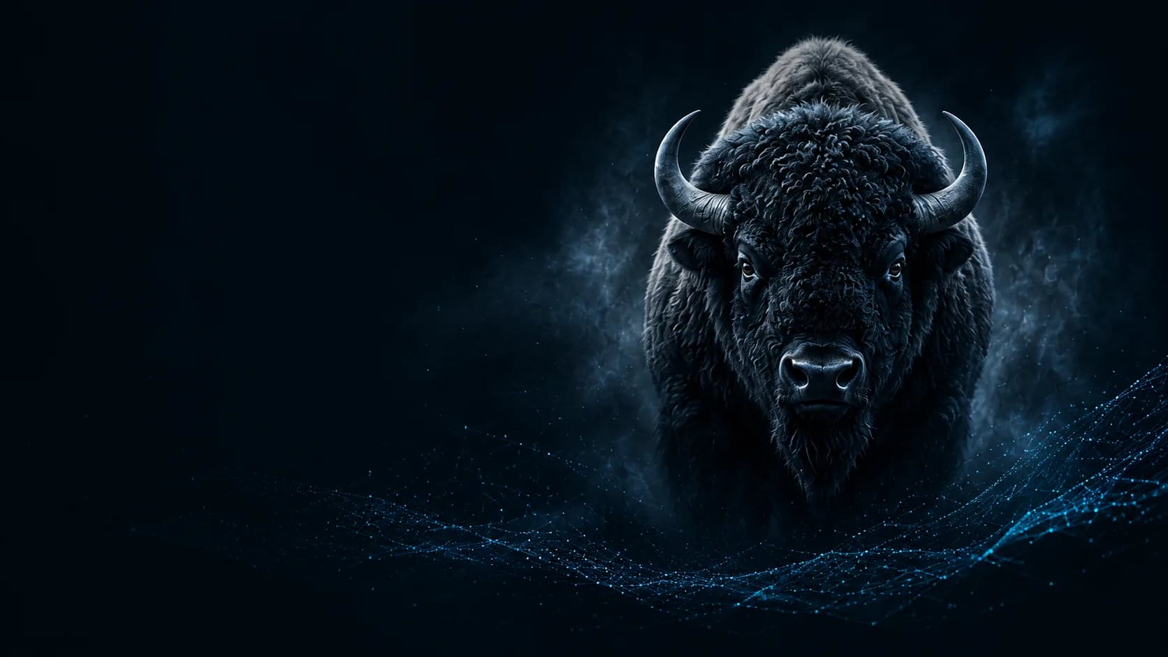 A buffalo emerging from a dark blue atmospheric landscape