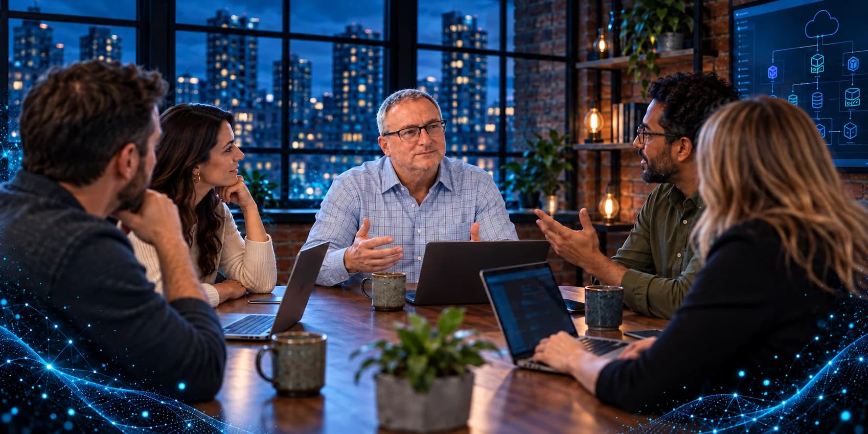 Illustrative scene of David Crowley leading a technology discussion with a client team