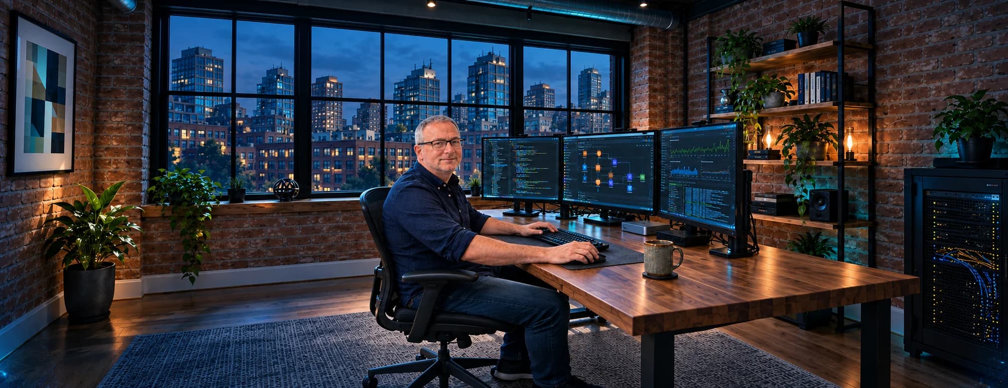 David Crowley at his multi-monitor workstation in a city-facing office